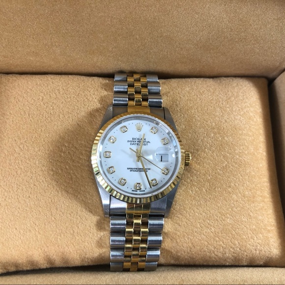 Men’s Rolex Oyster Watch with 10 Diamonds & White Face, Date, 18K Gold + Steel - Picture 6 of 16